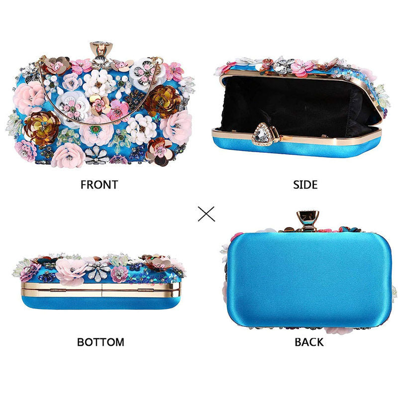 Colorful Floral Clutch Evening Bags for Women Beaded Purse Prom Handbag-Blue