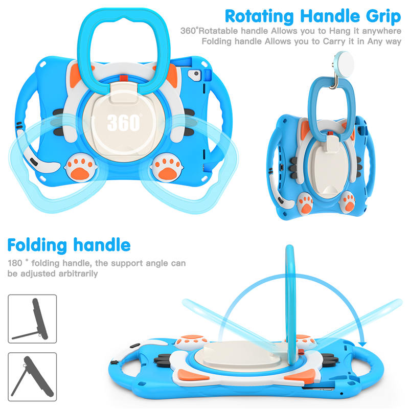CatB Silicone Case For iPad Pro 9.7 inch Air1/2 Shockproof Shoulder Strap Handle Stand-Light Blue