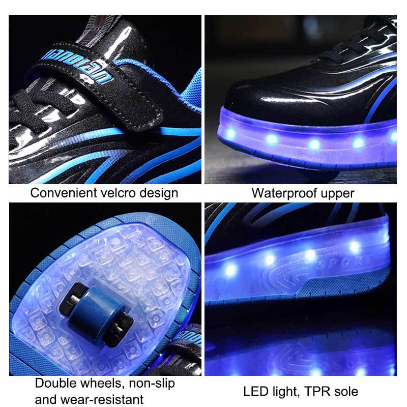 Double Wheel Roller Skate Shoes Light Up Sneakers for Boys Girls-Black Blue