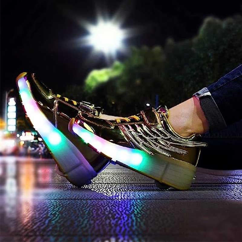 Kids LED Roller Skate Shoes Boys Girls Sneakers with Single Wheel-K02-Golden