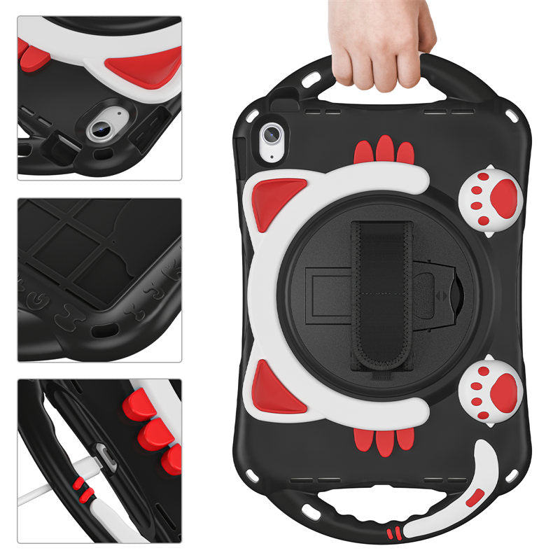 Cat Tablet Case For iPad 10th Rugged with Shoulder Strap-BlackRed