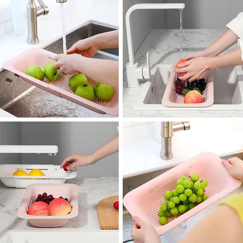 Sink Retractable Strainer Basket for Washing Vegetable Drying Dish-Pink