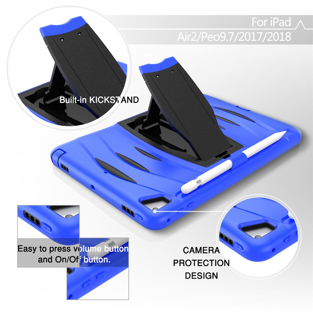 Shock Wave Kickstand Case Anti-Fall Protection With Pencil Holder For 9.7inch iPad 5/iPad 6/iPad Air2/iPad Pro9.7-Blue