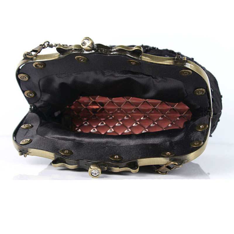 Womens Beaded Party Clutch Vintage Rose Purse-Coffee