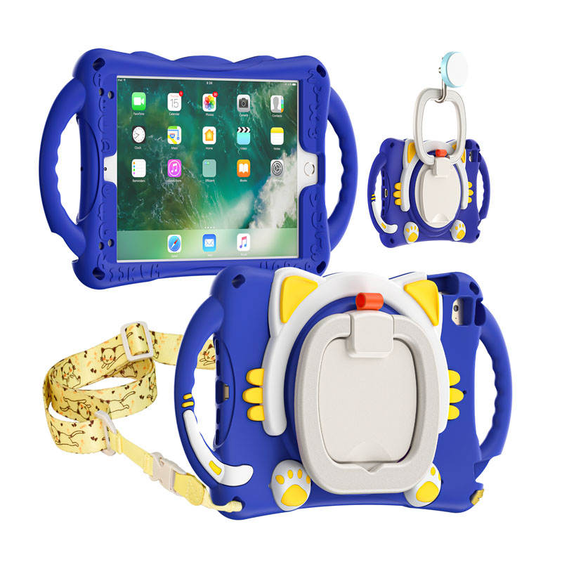 CatB Silicone Case For iPad Mini 5 4 3 2 1 Shockproof Shoulder Strap Handle Stand-Dark Blue