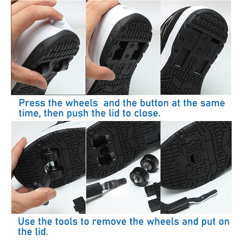 Fashion Kids Sneakers LED Roller Skate Shoes with Four Wheels-Black
