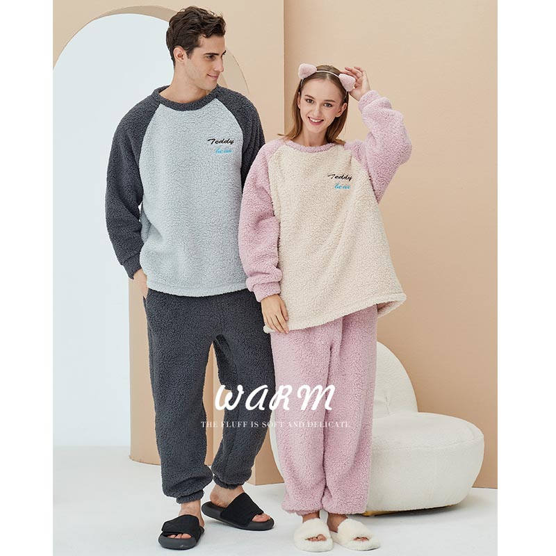Crewneck Colorblock Pajamas Set for Couple-Pink