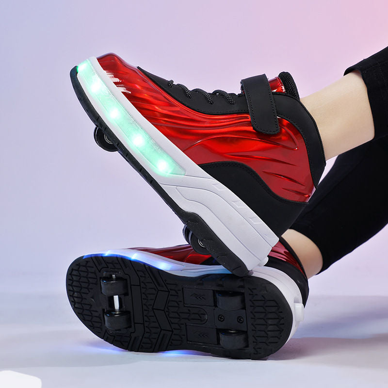 Fashion Kids Sneakers LED Roller Skate Shoes with Four Wheels-Red