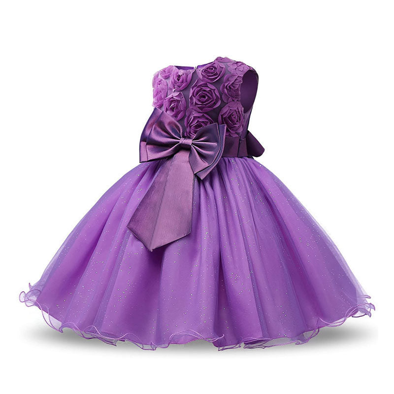 Girl Sleeveless Lace 3D Flower Tutu Holiday Princess Wedding Dresses-Purple