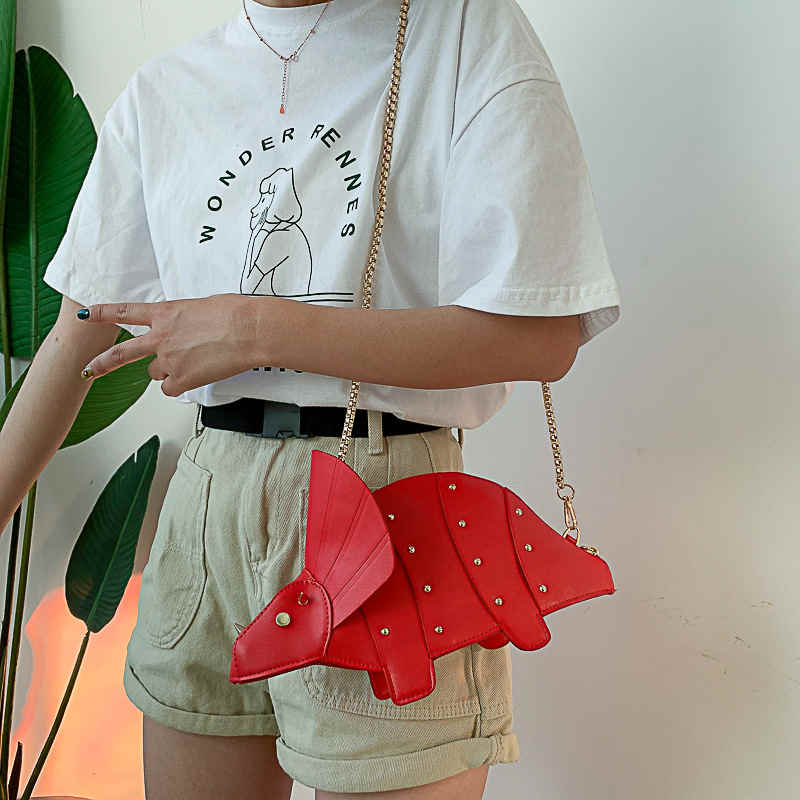 Dinosaur Shape Crossbody Shoulder Bag Women Pu Leather Rivet Chic Clutch-Red