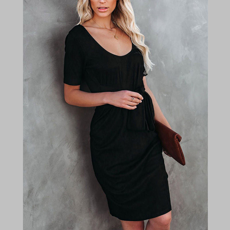Womens Elastic Cocktail Party Elegant Dress Body Dress With Belt-Black