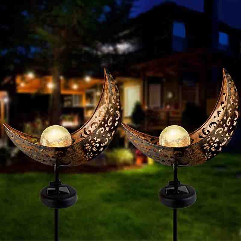 2 Pack Garden Metal Moon Weatherproof Solar LED Decorative Lamp with Warm White Spherical Lamp Post Suitable for Lawn Courtyard Courtyard