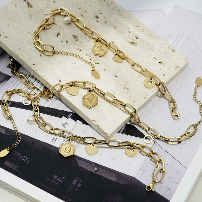 Gold Initial Bracelets for Women Letters Hexagon Pendant Chain-K