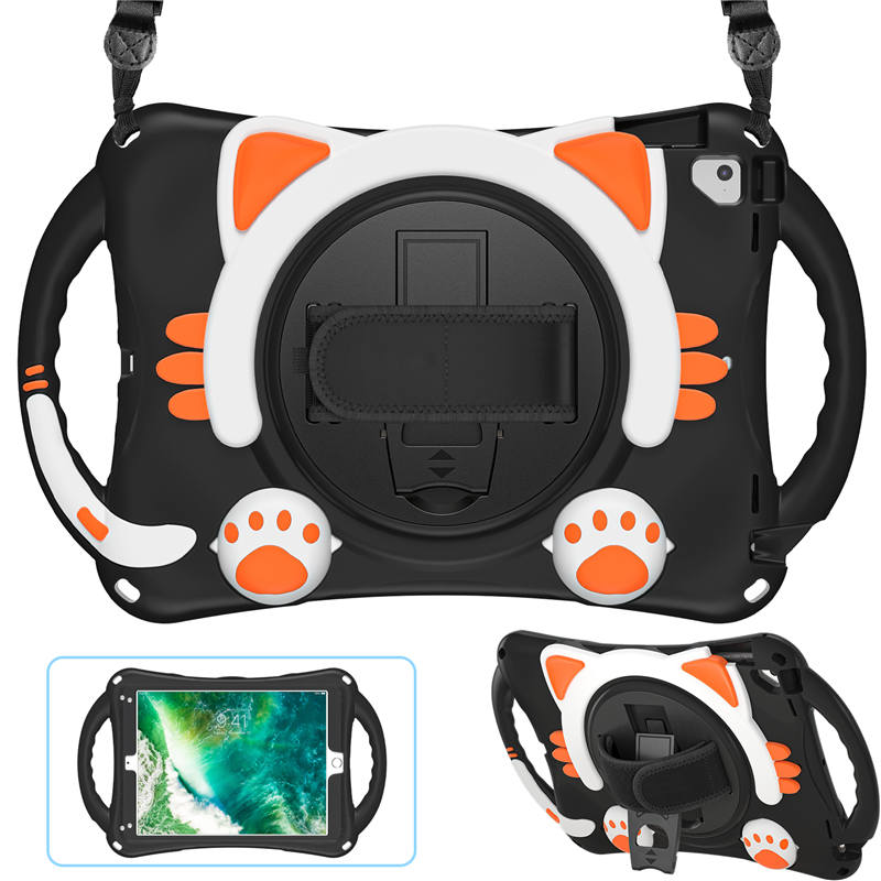 CatA iPad Silicone Case For iPad Pro 9.7 inch Air1/2 Built-in Handle Stand With a Strap-Black Orange