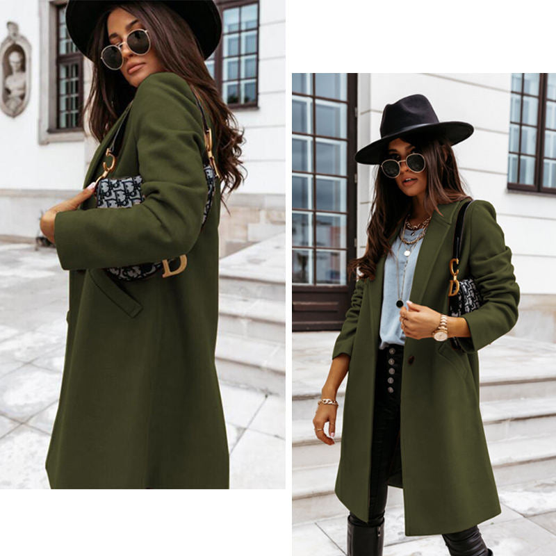 Elegant Womens Coat Lapel Solid Button Down Warm Long Outwear-ArmyGreen