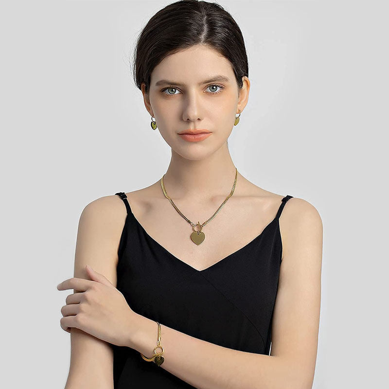 Heart Pendant Necklace Bracelet Earrings 3 Piece Set-Gold