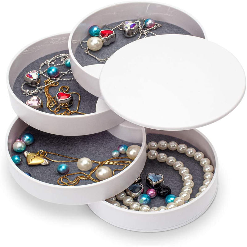 Jewelry Storage Box 4-Layer Rotatable Jewelry Accessory Organizer Tray with Lid for Rings Bracelets -White