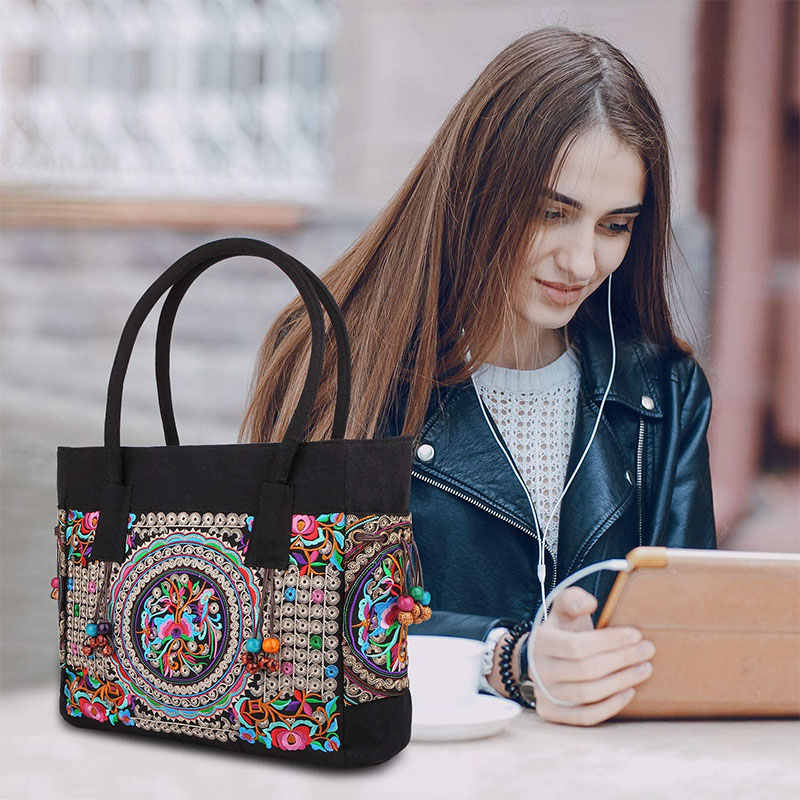 Embroidered Canvas Top Handle Handbag Ladies Casual Vintage Shoulder Bag-A