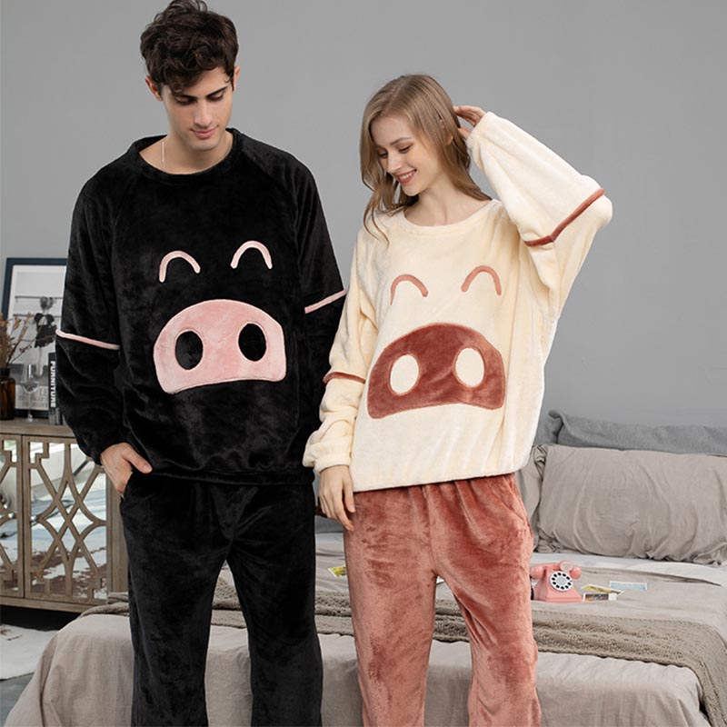 Cartoon Crewneck Pullover Pajamas Set-Beige
