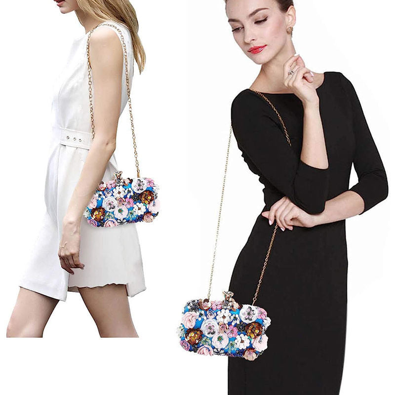 Colorful Floral Clutch Evening Bags for Women Beaded Purse Prom Handbag-Blue
