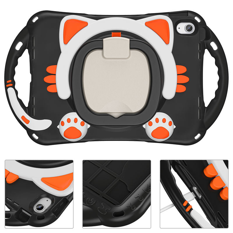 Cat Tablet Case For iPad 10th Kids Friendly with Handle Stand-BlackOrange