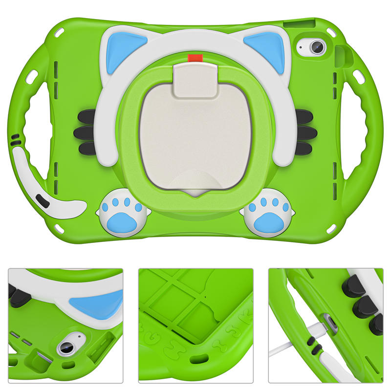 Cat Tablet Case For iPad 10th Kids Friendly with Handle Stand-Green