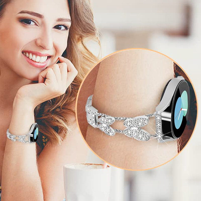20mm Metal Watchband Butterfly Bling Diamond for Galaxy Watch 3/4/5-Silver