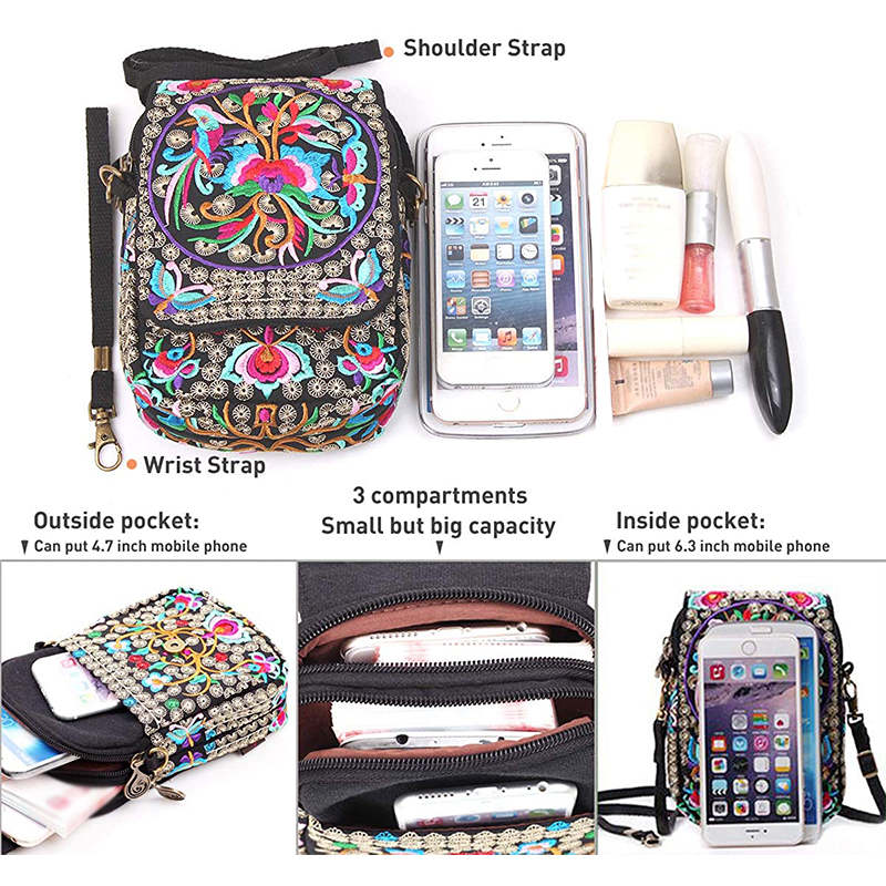 Embroidered Cute Mini Crossbody Bag for Women Small Cell-phone Pouch Coin Purse-B