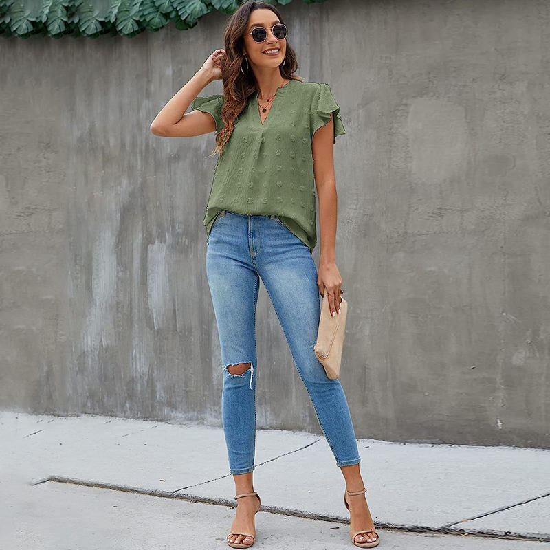 Womens Ruffle Shirts V Neck Short Sleeve Pom Chiffon Blouses Tops-Army Green