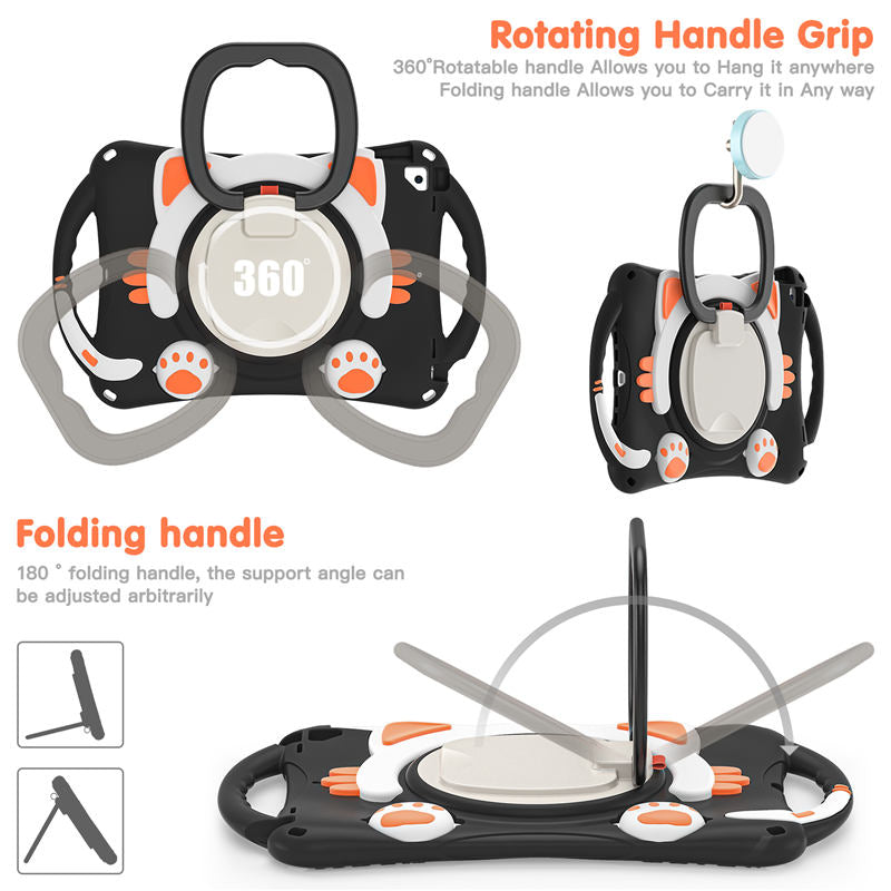 CatB Silicone Case For iPad 10.2 Air10.5 Pro10.5 Shockproof Shoulder Strap Handle Stand-Black Orange
