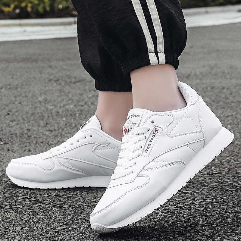 Couples Leather Sneakers Lace up Lightweight Cushioned Sport Shoes-White