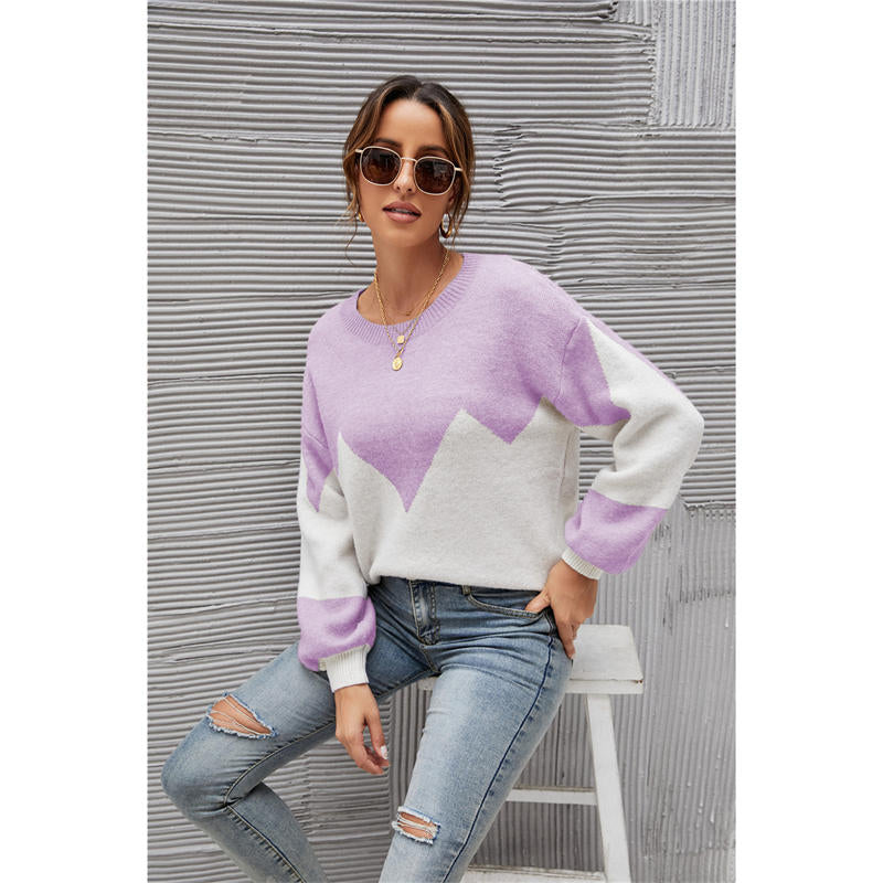 Womens Color Block Loose Knit Pullover Sweater Lantern Sleeve-Purple