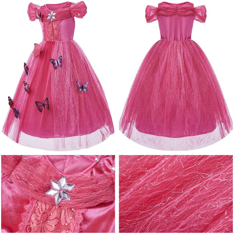 Girls Princess Dress with Accessories Butterflies Tulle Party Gown-Pink