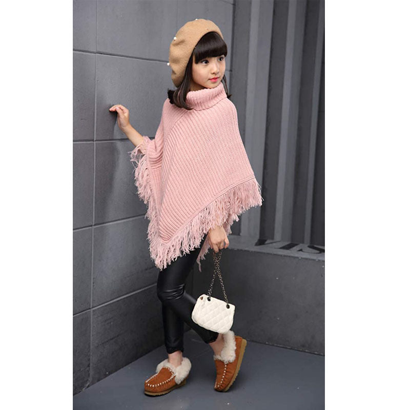 Girls Fall Loose Knitted Pullover Sweaters Poncho Tassel Turtleneck Cloak Cape-Pink