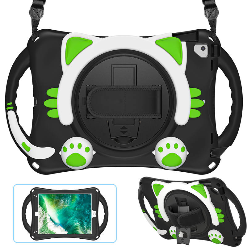 CatA iPad Silicone Case For iPad Pro 9.7 inch Air1/2 Built-in Handle Stand With a Strap-Black Green