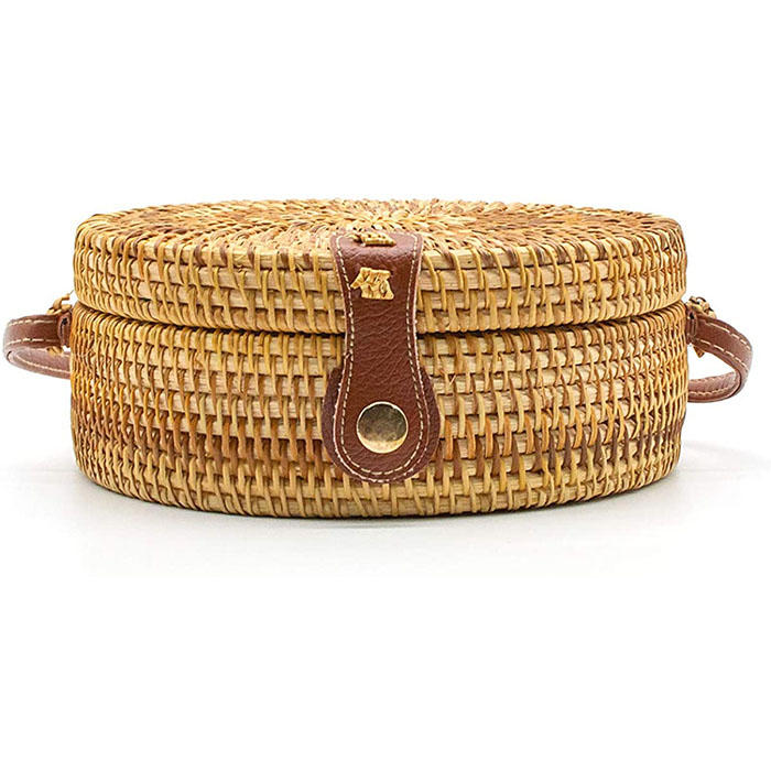 Handwoven Round Rattan Natural Chic Bag Shoulder Leather Straps Summer Beach-Blue Flower