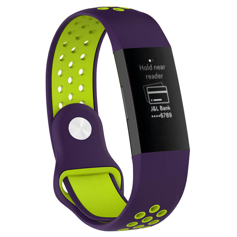 Double Color Porous Breathable Watch Band Silicone Wristband For Fitbit Charge 3 Sport Smartwatch -Purple Lime