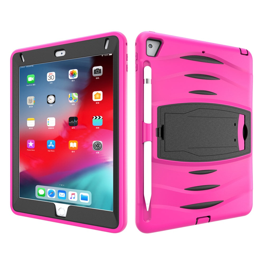 Shock Wave Kickstand Case Anti-Fall Protection With Pencil Holder For 9.7inch iPad 5/iPad 6/iPad Air2/iPad Pro9.7-Rose Red