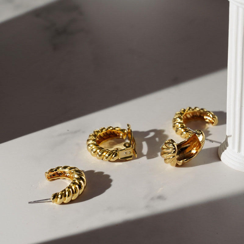 Gold Spiral Half Hoop Earrings Geometric Twist Stud-03