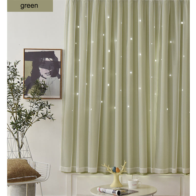 2 Panels Double Layer Stars Blackout Curtains for Bedroom Window-Green