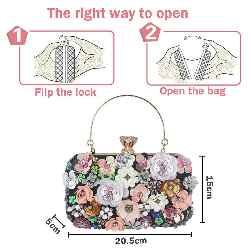 Colorful Floral Clutch Evening Bags for Women Beaded Purse Prom Handbag-Black