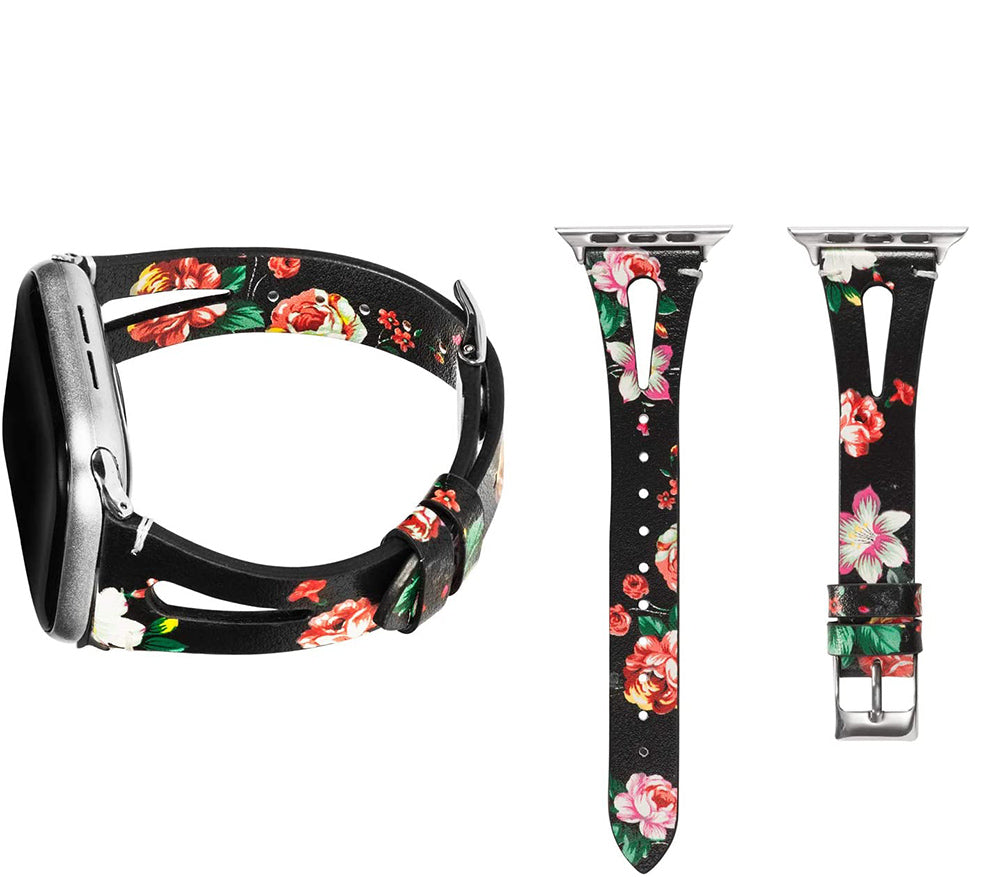 Fashion Triangle Hole Leather Watch Band For Apple Watch SE/6/5/4/3/2/1(Red Flower)