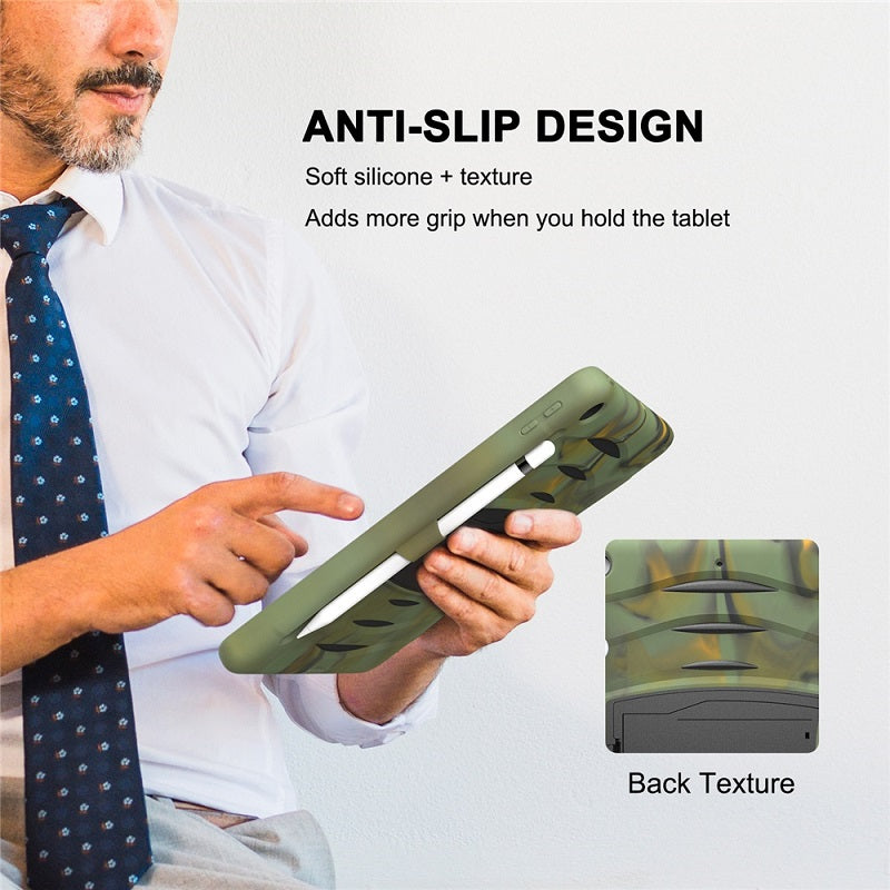 Shock Wave Kickstand Case Anti-Fall Protection With Pencil Holder+Cap For New iPad 7 10.2inch(2019)-Camouflage