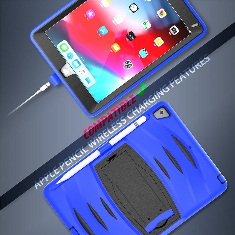 Shock Wave Kickstand Case Anti-Fall Protection With Pencil Holder For 9.7inch iPad 5/iPad 6/iPad Air2/iPad Pro9.7-Blue