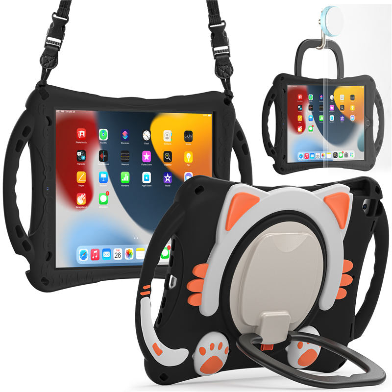 CatB Silicone Case For iPad 10.2 Air10.5 Pro10.5 Shockproof Shoulder Strap Handle Stand-Black Orange