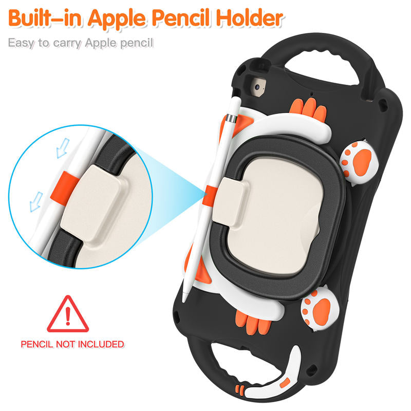 CatB Silicone Case For iPad Mini 5 4 3 2 1 Shockproof Shoulder Strap Handle Stand-Black Orange