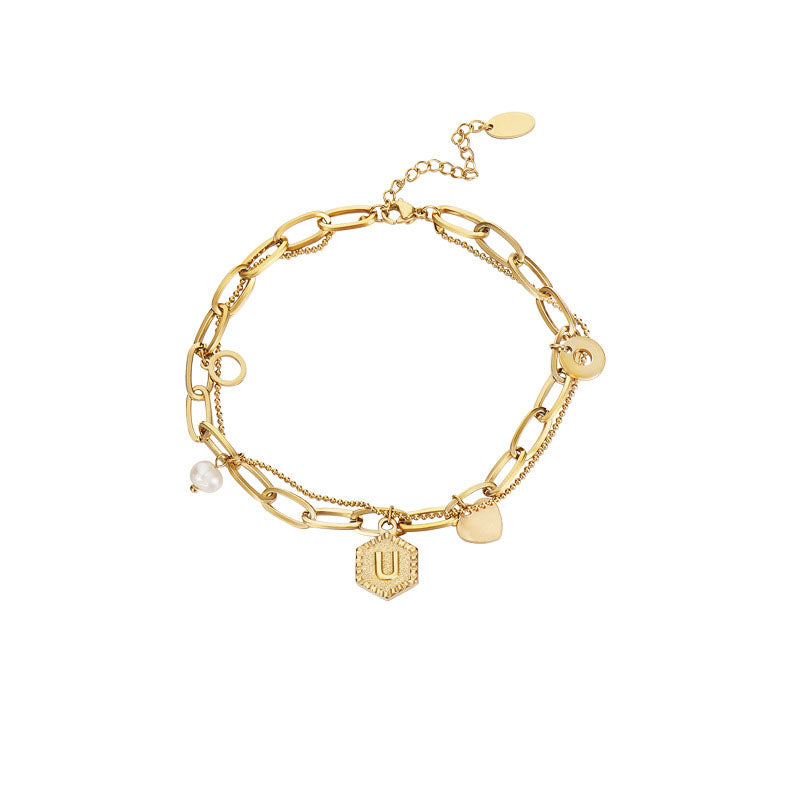 Gold Initial Bracelets for Women Letters Hexagon Pendant Chain-U