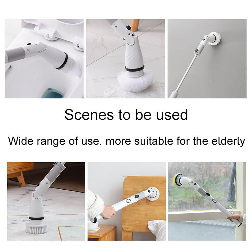 Electric Spin Scrubber Adjustable Long Extension Handle with 4 Replaceable Brush Heads-Grey