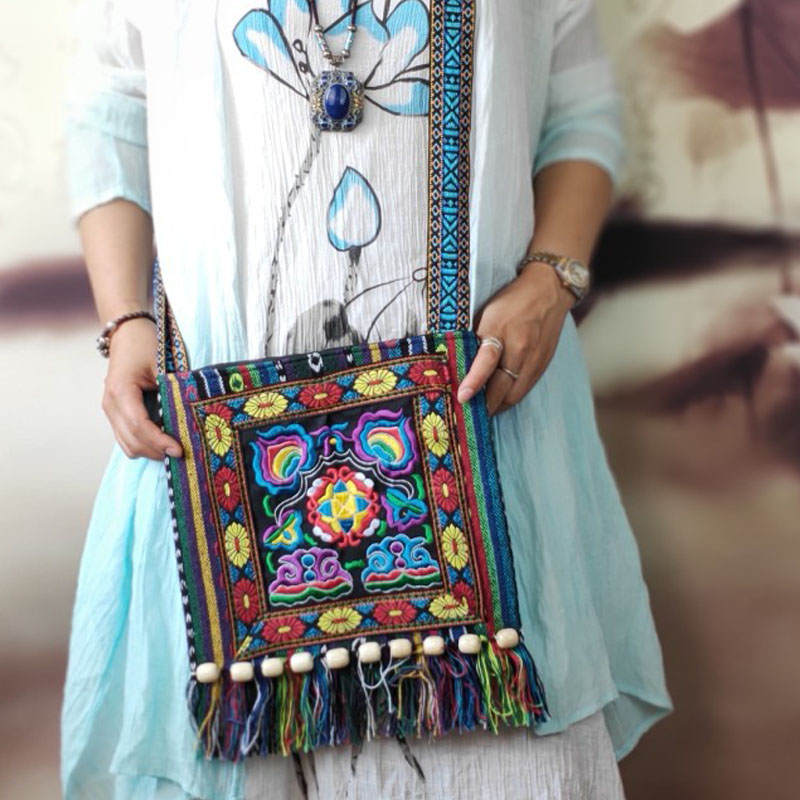 Vintage Embroidered Fringe Sling Crossbody Bag Boho Shoulder Bag-Blue Camellia