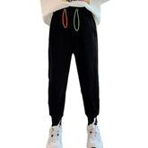 Girls Joggers Long Pants Pockets Outdoor Casual Trousers with Two-color Drawstring-Black
